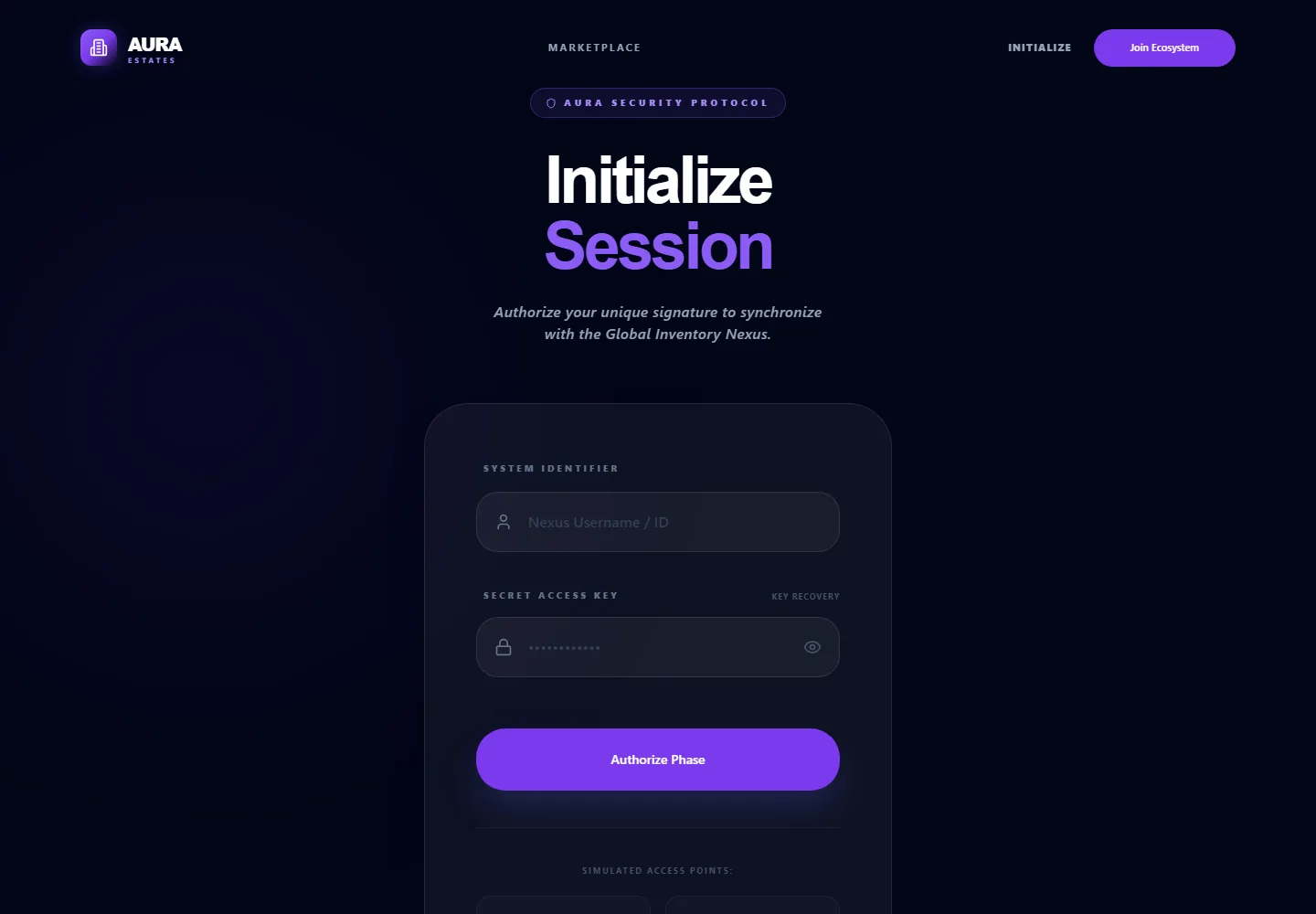 Aura Estates — Login, desktop capture