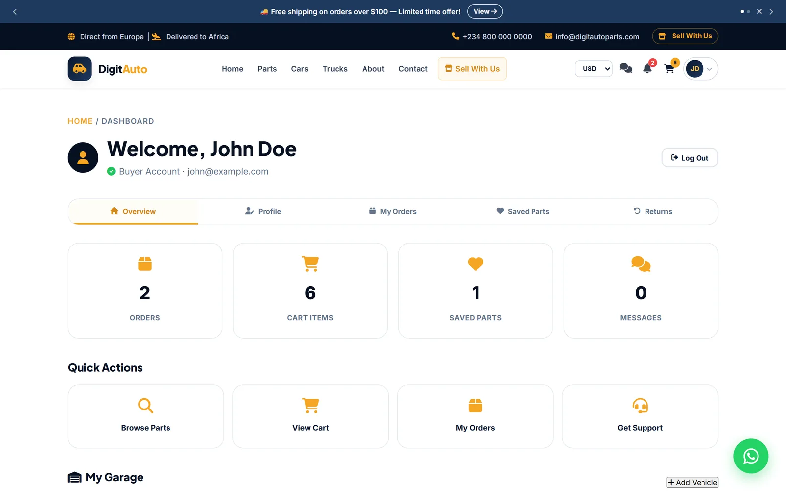 DigiParts — Customer dashboard, desktop capture