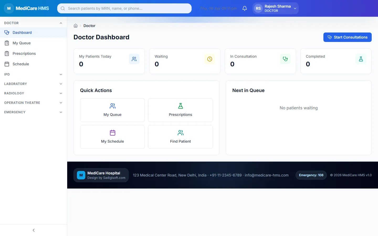 MediCare HMS — Doctor dashboard, desktop capture