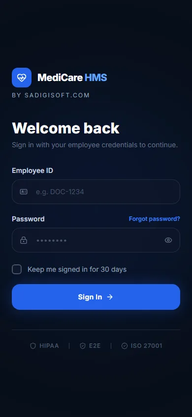 MediCare HMS — Login, mobile capture