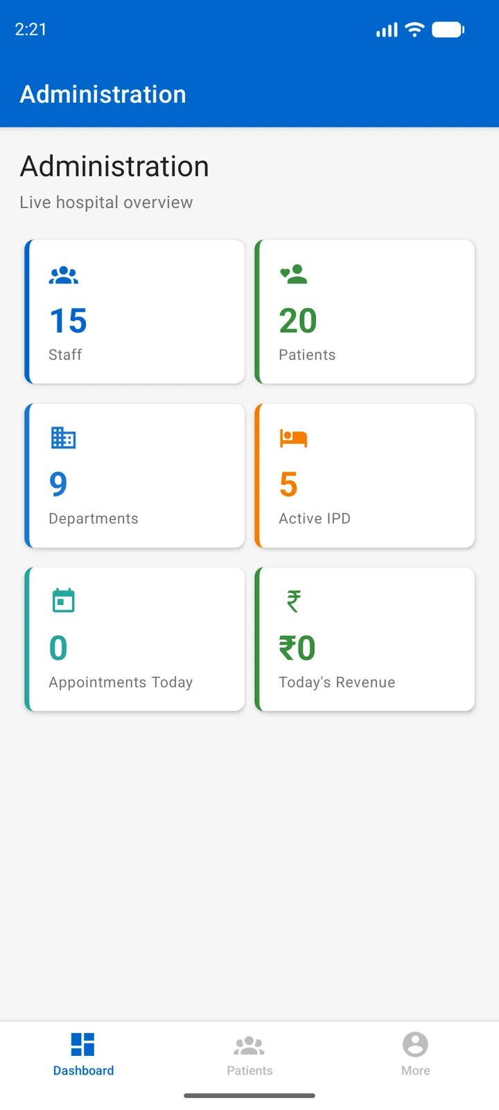 MediCare HMS — Admin dashboard, mobile capture
