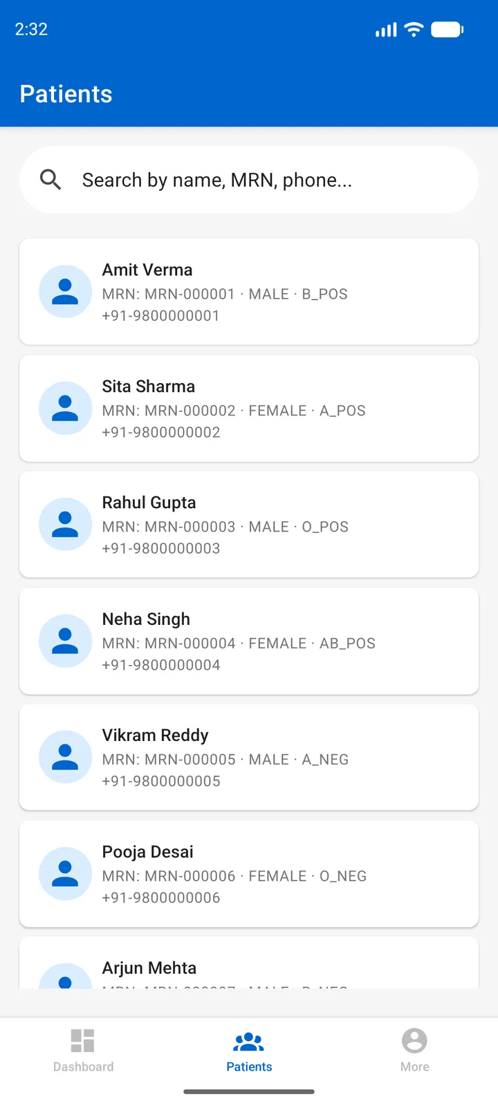 MediCare HMS — Patient list, mobile capture