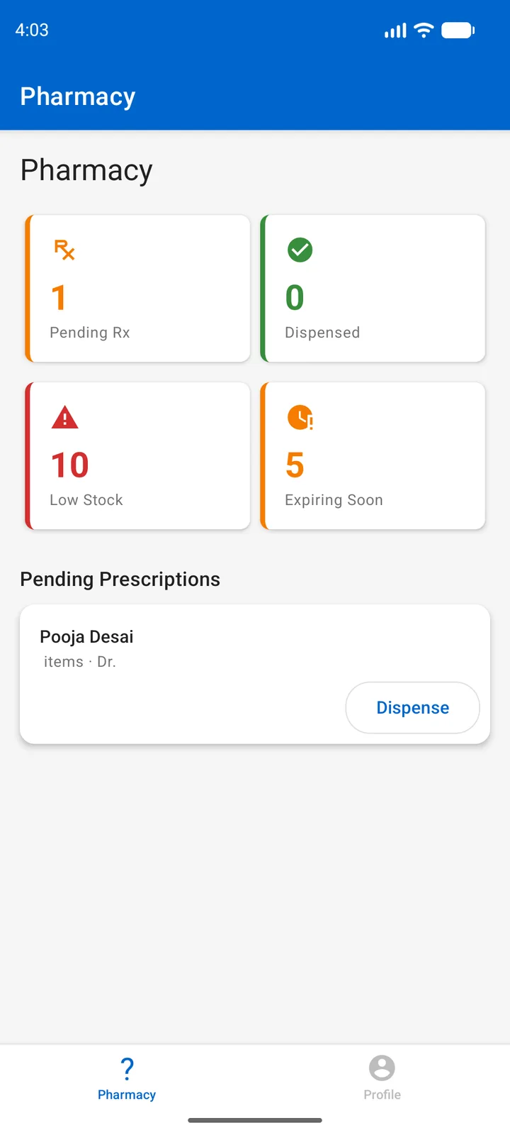 MediCare HMS — Pharmacy dashboard, mobile capture