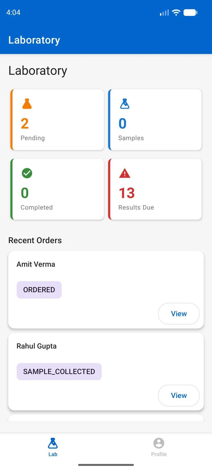 MediCare HMS — Lab dashboard, mobile capture