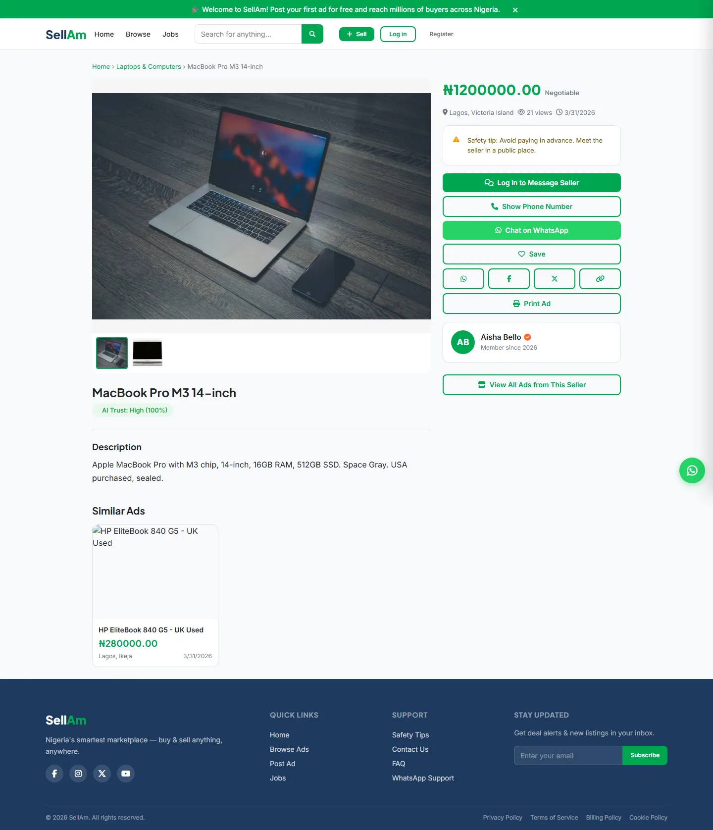SellAm — Ad detail, desktop capture