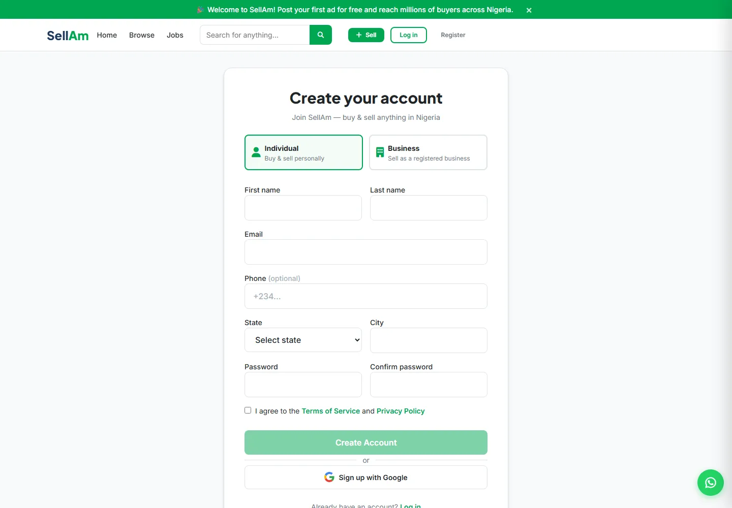 SellAm — Signup, desktop capture