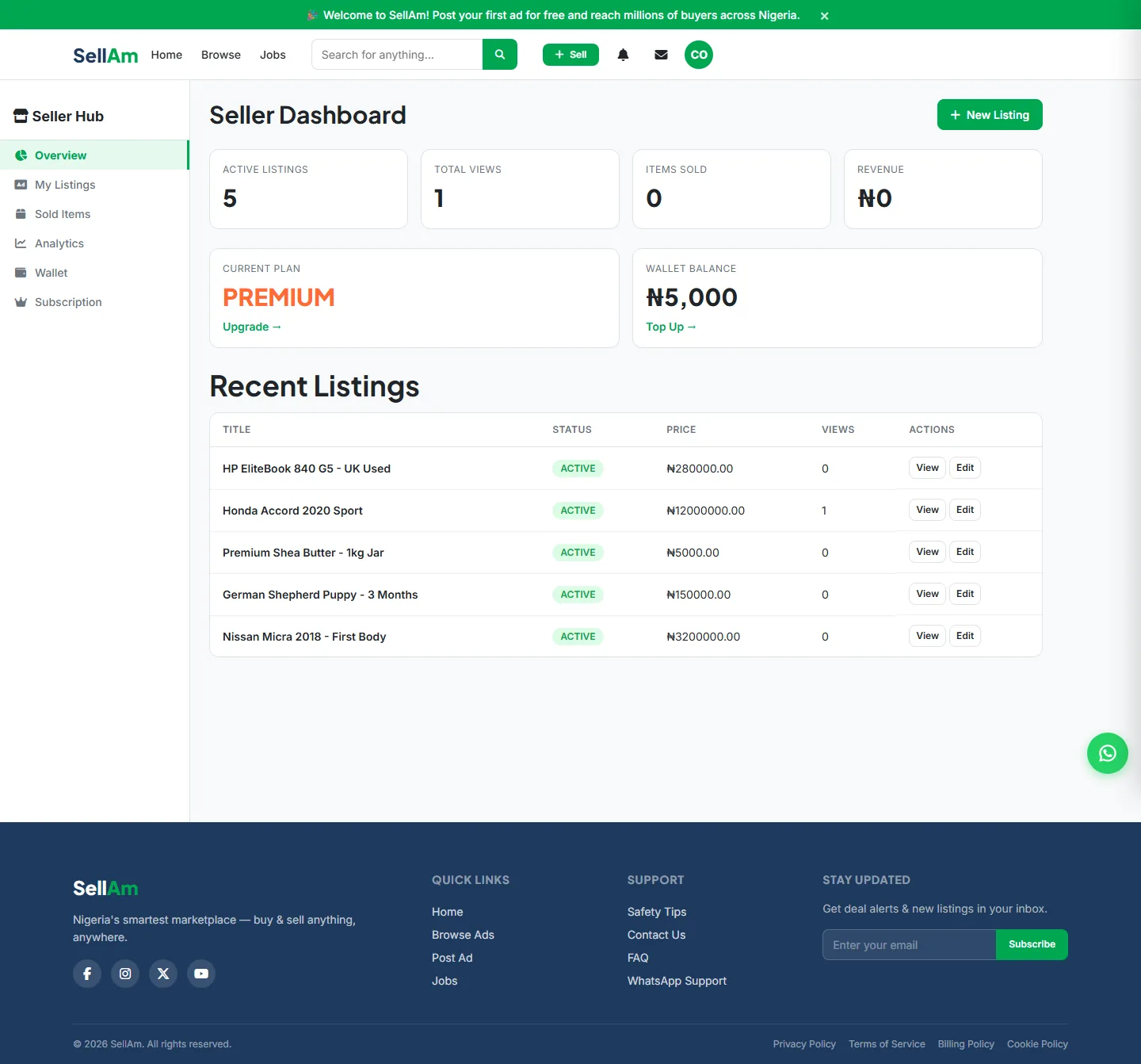 SellAm — Seller dashboard, desktop capture