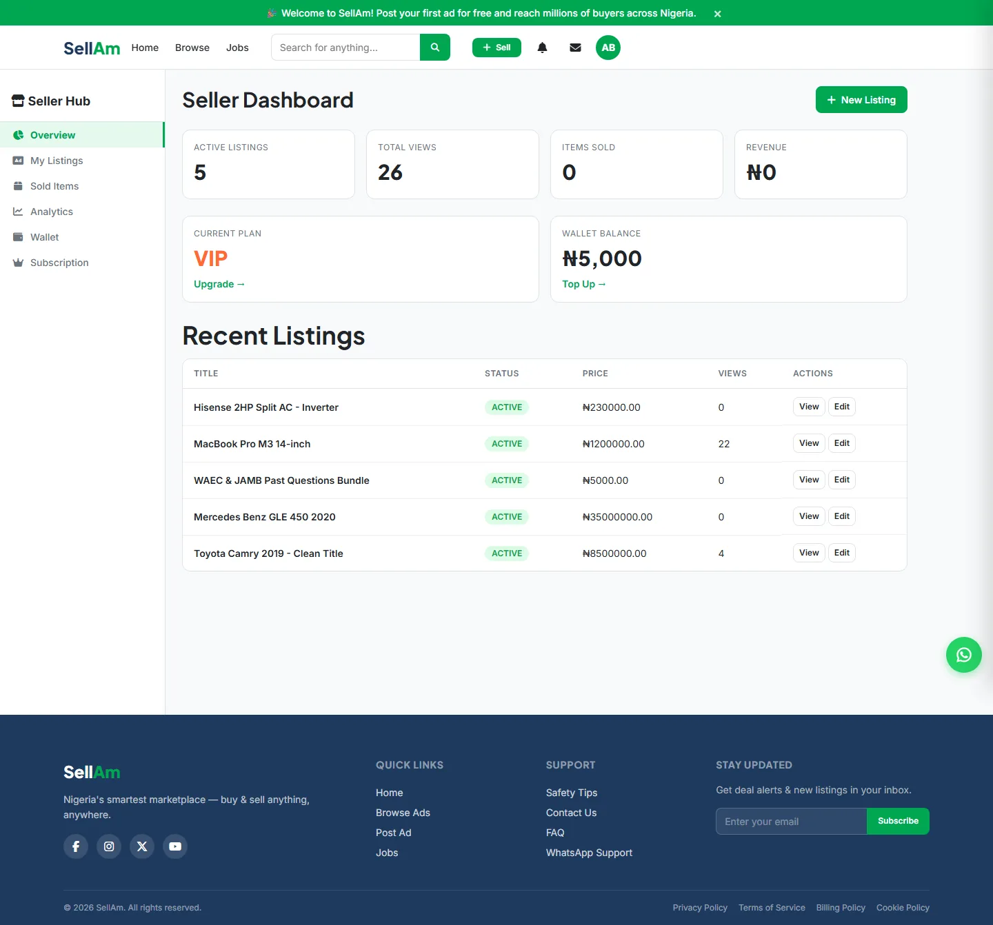 SellAm — Verified business dashboard, desktop capture
