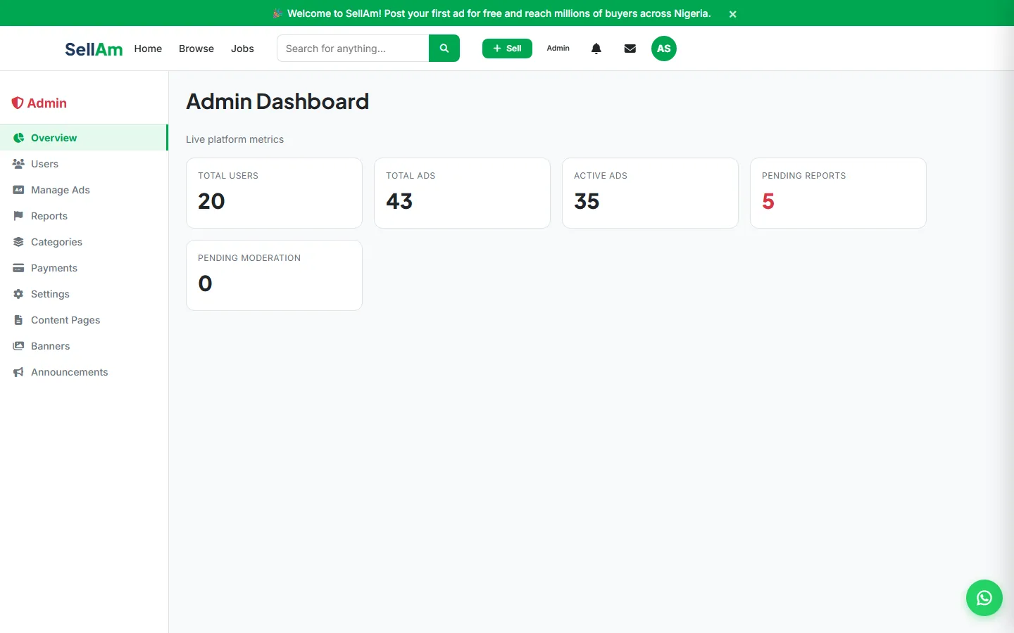 SellAm — Admin dashboard, desktop capture